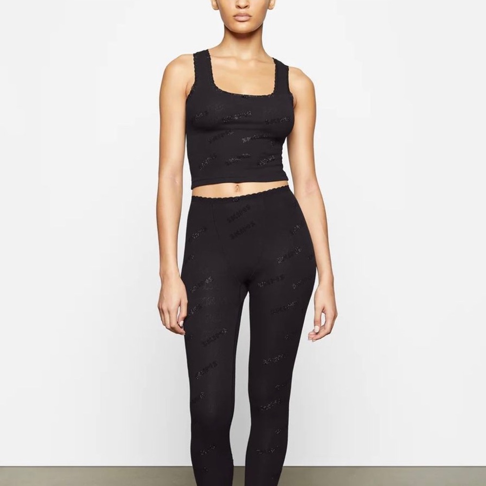 SKIMS Tank & Legging Set – Black Crystal Logo – Size L (Like New)